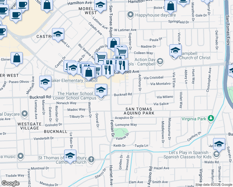 map of restaurants, bars, coffee shops, grocery stores, and more near 2084 La Miel Court in Campbell