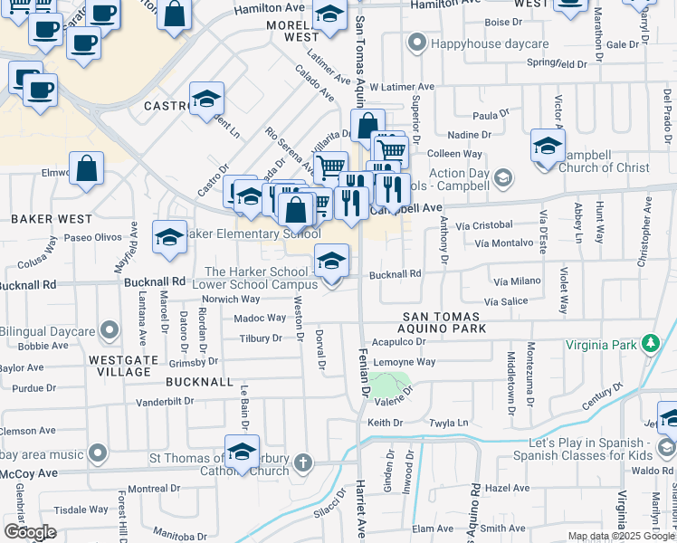map of restaurants, bars, coffee shops, grocery stores, and more near 136 English Rose Circle in Campbell