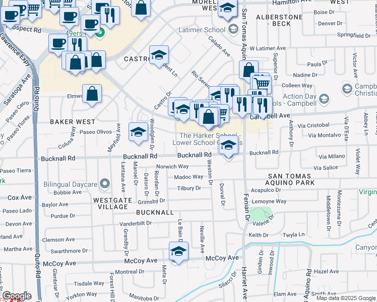 map of restaurants, bars, coffee shops, grocery stores, and more near 127 Winslow Court in Campbell