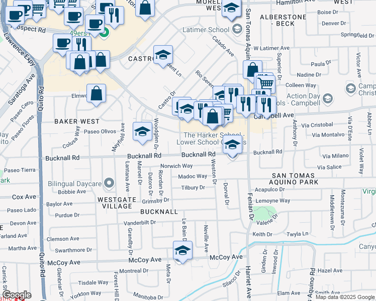 map of restaurants, bars, coffee shops, grocery stores, and more near 127 Winslow Court in Campbell