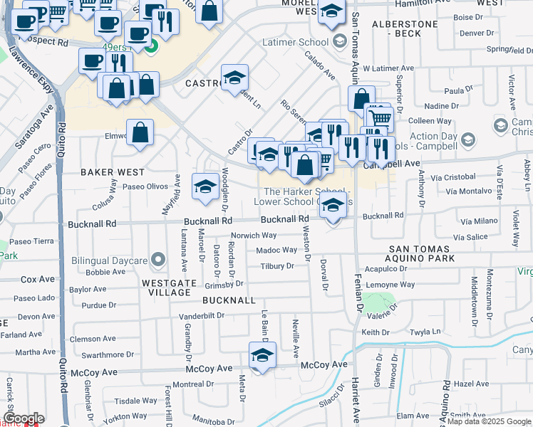 map of restaurants, bars, coffee shops, grocery stores, and more near 127 Winslow Court in Campbell