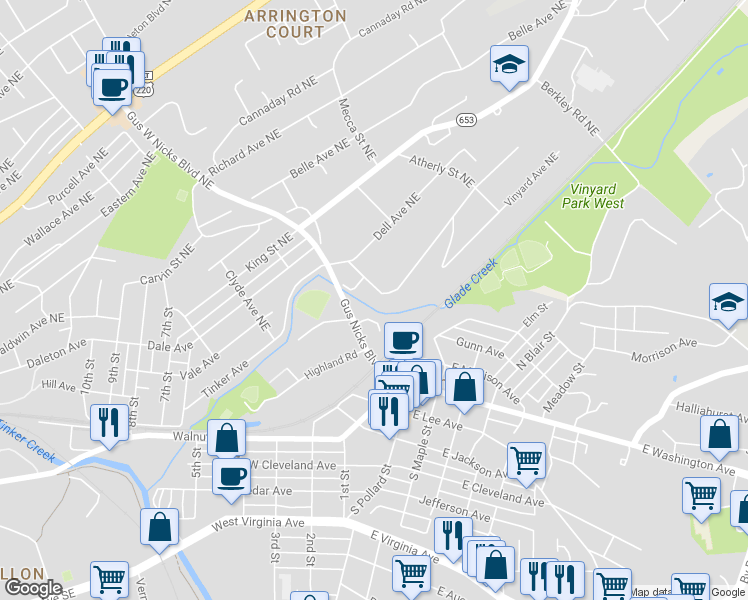 map of restaurants, bars, coffee shops, grocery stores, and more near 2565 Idlewild Boulevard Northeast in Roanoke