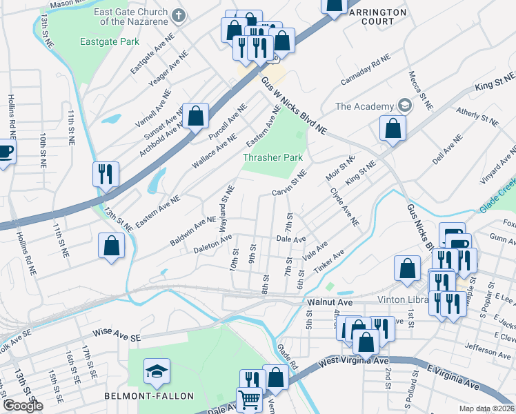 map of restaurants, bars, coffee shops, grocery stores, and more near 717 Bibb Street Northeast in Roanoke