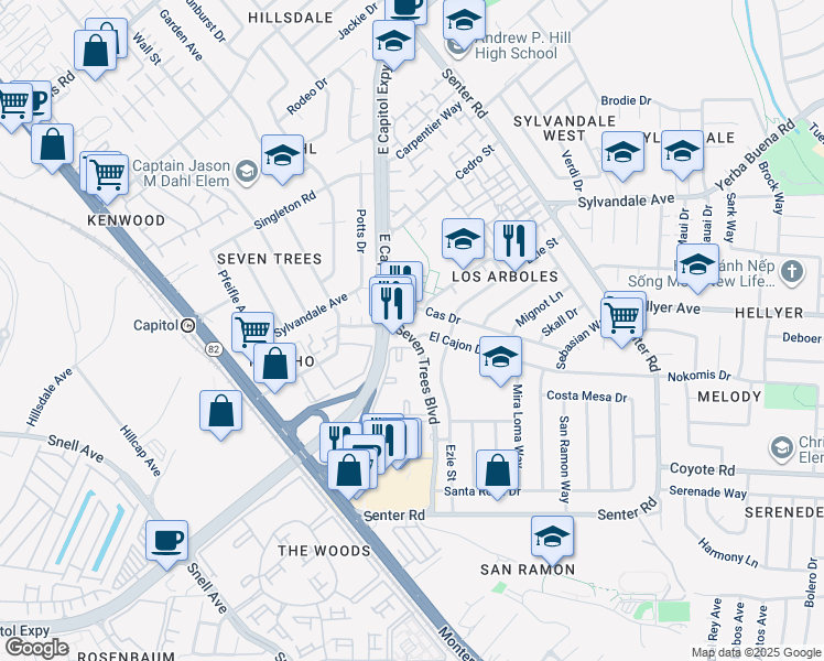 map of restaurants, bars, coffee shops, grocery stores, and more near 3828 Seven Trees Boulevard in San Jose