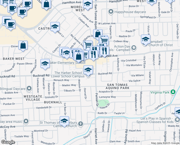map of restaurants, bars, coffee shops, grocery stores, and more near 136 English Rose Circle in Campbell