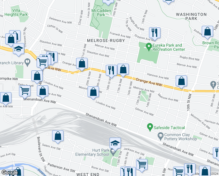map of restaurants, bars, coffee shops, grocery stores, and more near 1741 Essex Avenue Northwest in Roanoke