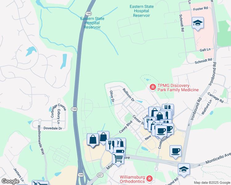 map of restaurants, bars, coffee shops, grocery stores, and more near Lucretia Way in Williamsburg