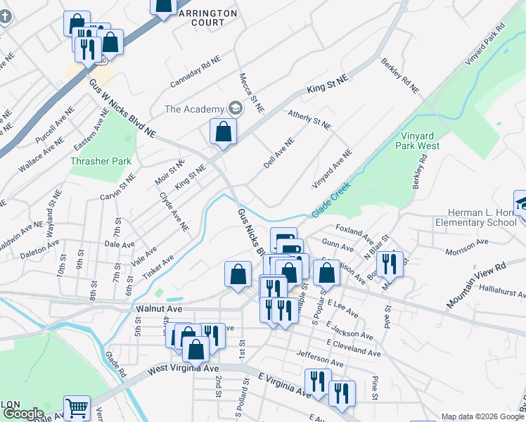 map of restaurants, bars, coffee shops, grocery stores, and more near 2565 Idlewild Boulevard Northeast in Roanoke