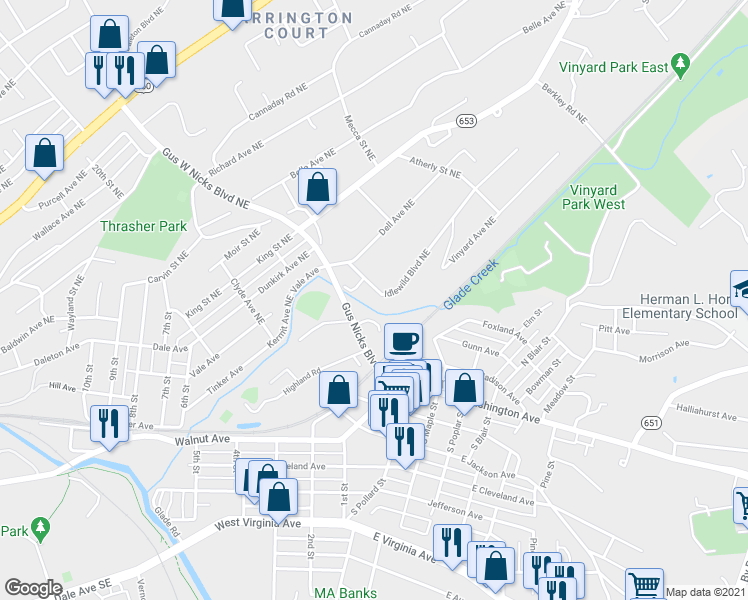 map of restaurants, bars, coffee shops, grocery stores, and more near 2571 Idlewild Boulevard Northeast in Roanoke
