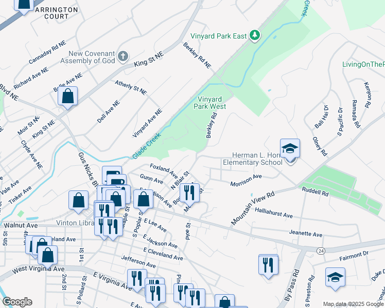 map of restaurants, bars, coffee shops, grocery stores, and more near 348 Elm Street in Vinton