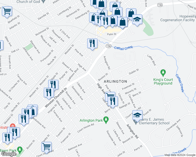 map of restaurants, bars, coffee shops, grocery stores, and more near 1110 Pine Avenue in Hopewell