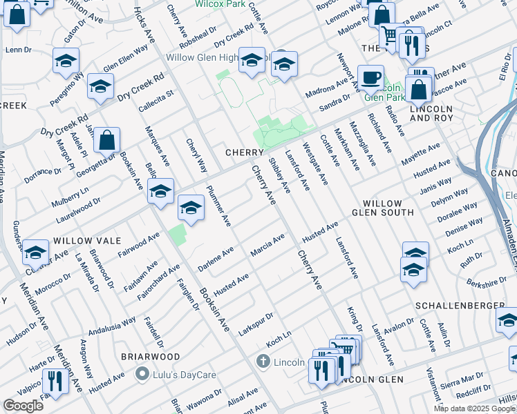 map of restaurants, bars, coffee shops, grocery stores, and more near 1479 Maxine Avenue in San Jose