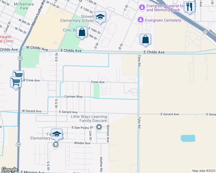 map of restaurants, bars, coffee shops, grocery stores, and more near 518 Cone Avenue in Merced