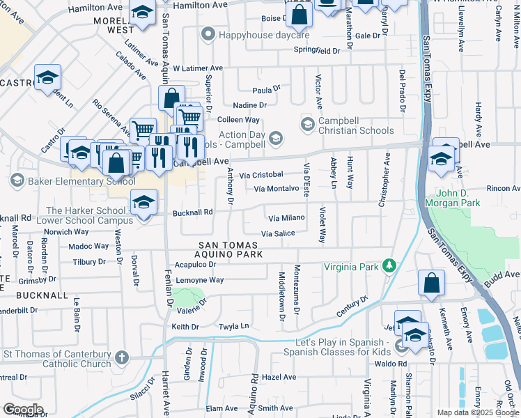 map of restaurants, bars, coffee shops, grocery stores, and more near 2111 Vía Roma in Campbell