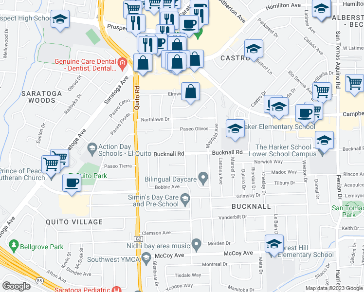 map of restaurants, bars, coffee shops, grocery stores, and more near 5051 Elmgrove Court in San Jose