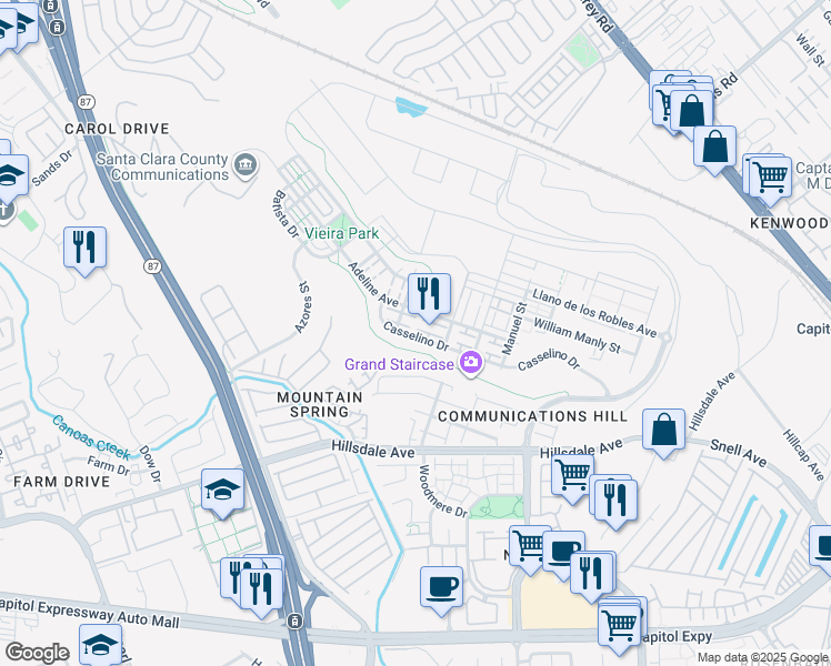 map of restaurants, bars, coffee shops, grocery stores, and more near 499 Casselino Drive in San Jose