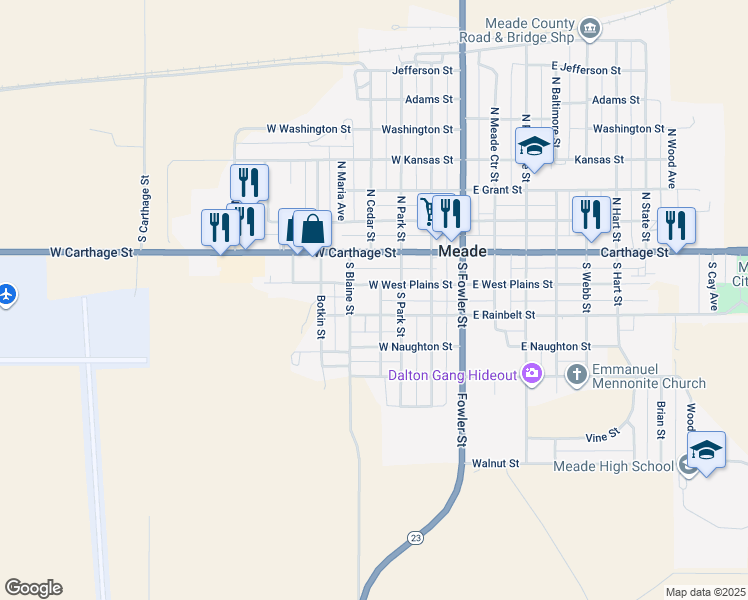 map of restaurants, bars, coffee shops, grocery stores, and more near 413 West West Plains Street in Meade