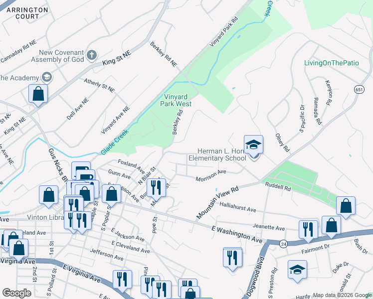 map of restaurants, bars, coffee shops, grocery stores, and more near 522 Ruddell Road in Vinton