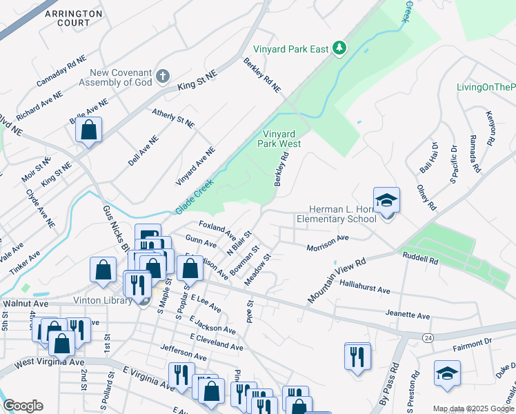 map of restaurants, bars, coffee shops, grocery stores, and more near 348 Elm Street in Vinton