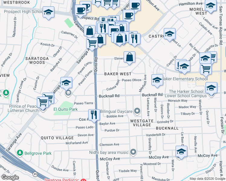 map of restaurants, bars, coffee shops, grocery stores, and more near 2054 Colusa Way in San Jose