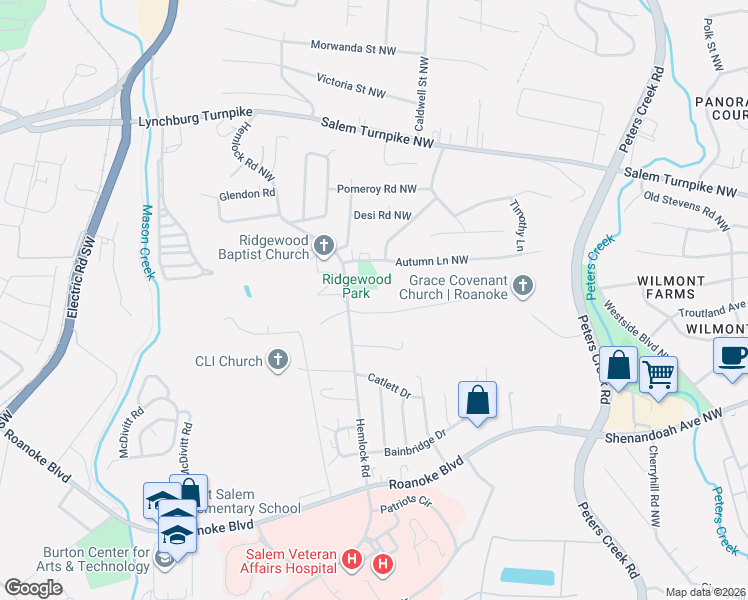 map of restaurants, bars, coffee shops, grocery stores, and more near 4925 Oak Road Northwest in Roanoke