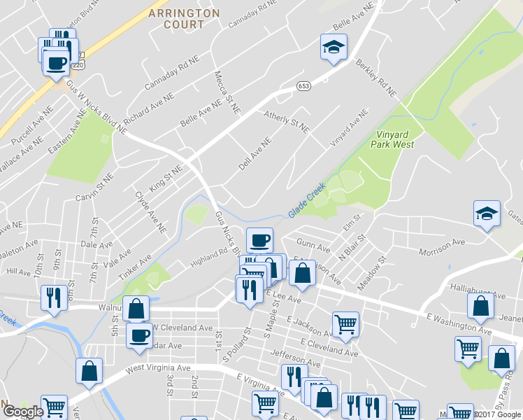 map of restaurants, bars, coffee shops, grocery stores, and more near 2619 Idlewild Boulevard Northeast in Roanoke