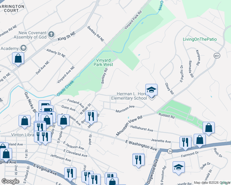 map of restaurants, bars, coffee shops, grocery stores, and more near 522 Ruddell Road in Vinton