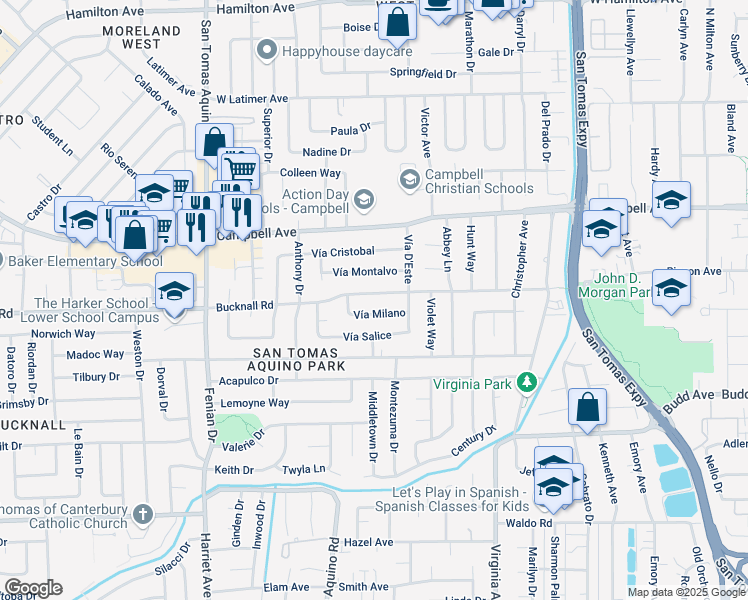 map of restaurants, bars, coffee shops, grocery stores, and more near 3902 Bucknall Road in Campbell