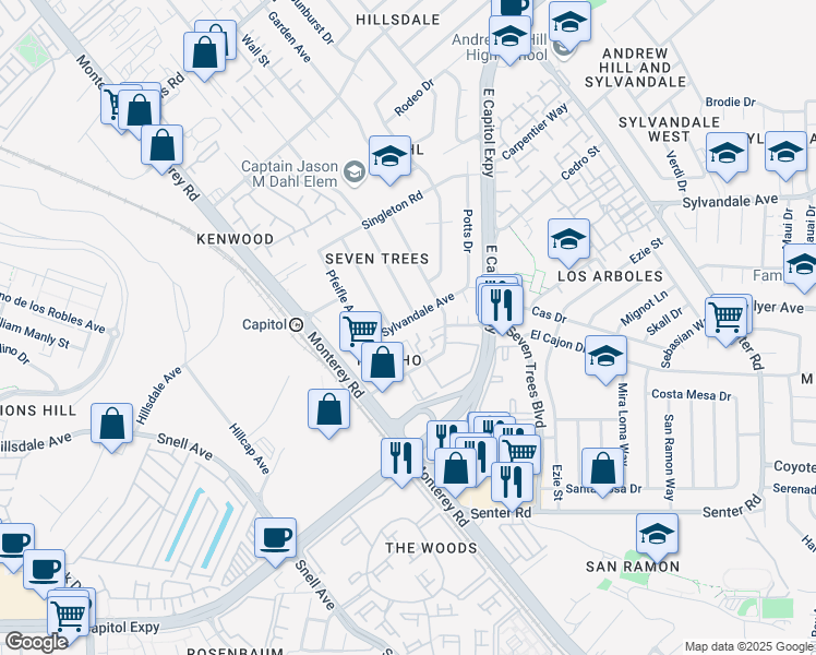 map of restaurants, bars, coffee shops, grocery stores, and more near 10170 Sylvandale Avenue in San Jose