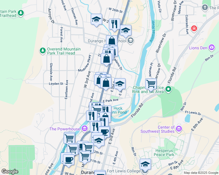 map of restaurants, bars, coffee shops, grocery stores, and more near 1854 Main Avenue in Durango