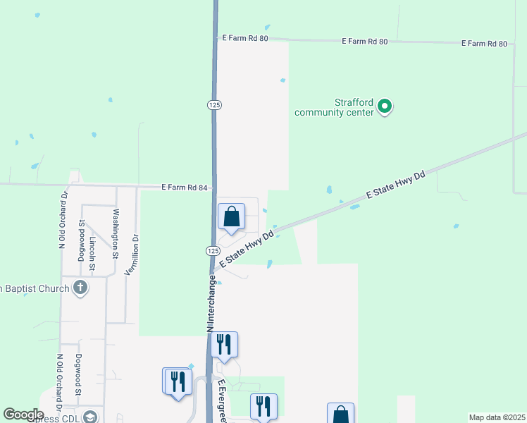 map of restaurants, bars, coffee shops, grocery stores, and more near 708 N Ivy Ln in Strafford