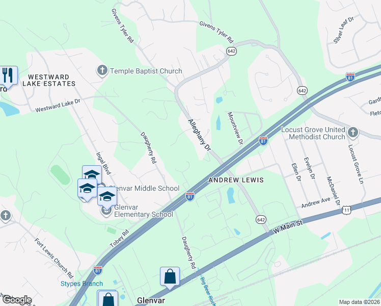 map of restaurants, bars, coffee shops, grocery stores, and more near 3936 Alleghany Dr in Salem