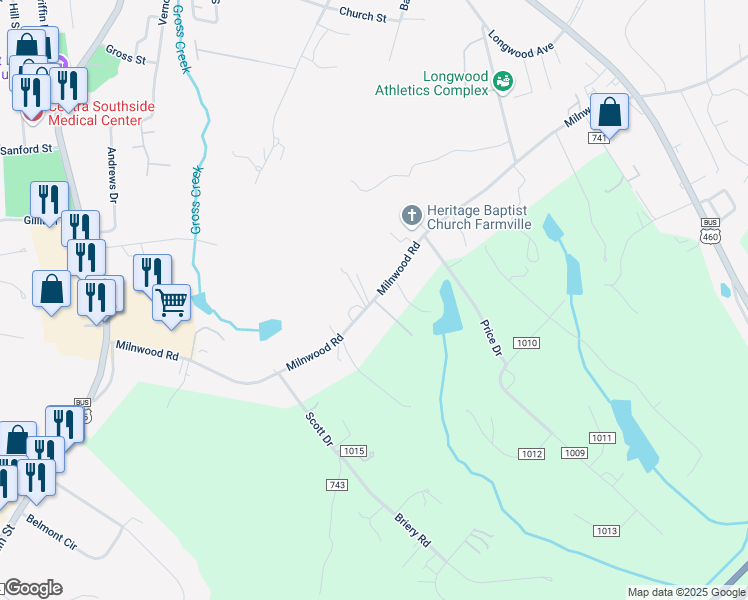 map of restaurants, bars, coffee shops, grocery stores, and more near 903 Milnwood Road in Farmville