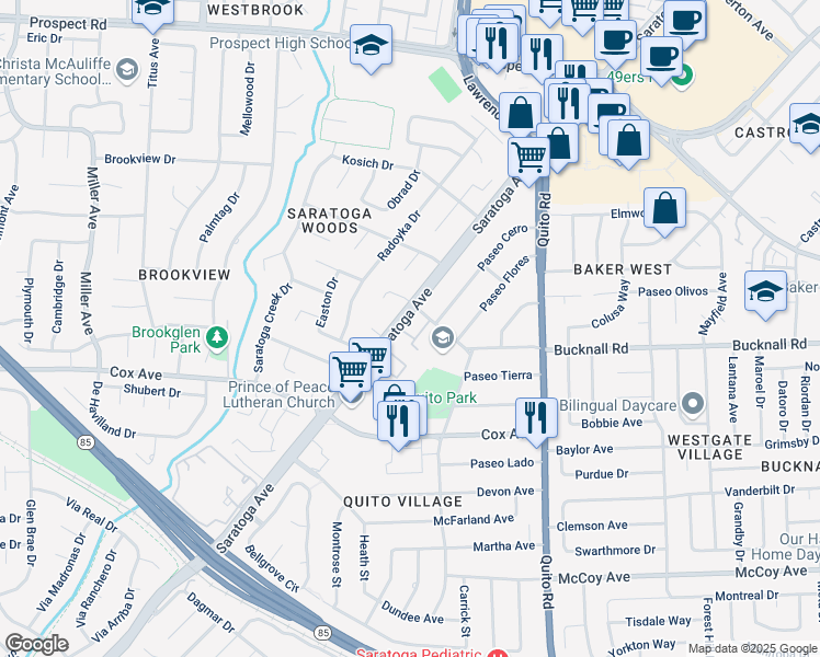 map of restaurants, bars, coffee shops, grocery stores, and more near 18883 Biarritz Lane in Saratoga
