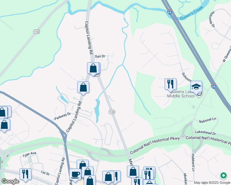 map of restaurants, bars, coffee shops, grocery stores, and more near 165 -1 Merrimac Trail in Williamsburg
