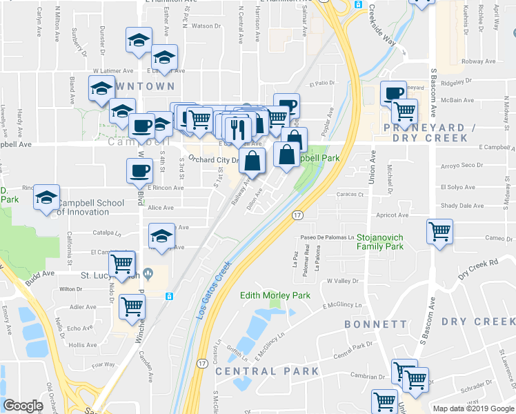 map of restaurants, bars, coffee shops, grocery stores, and more near 410 Robin Ridge Way in Campbell