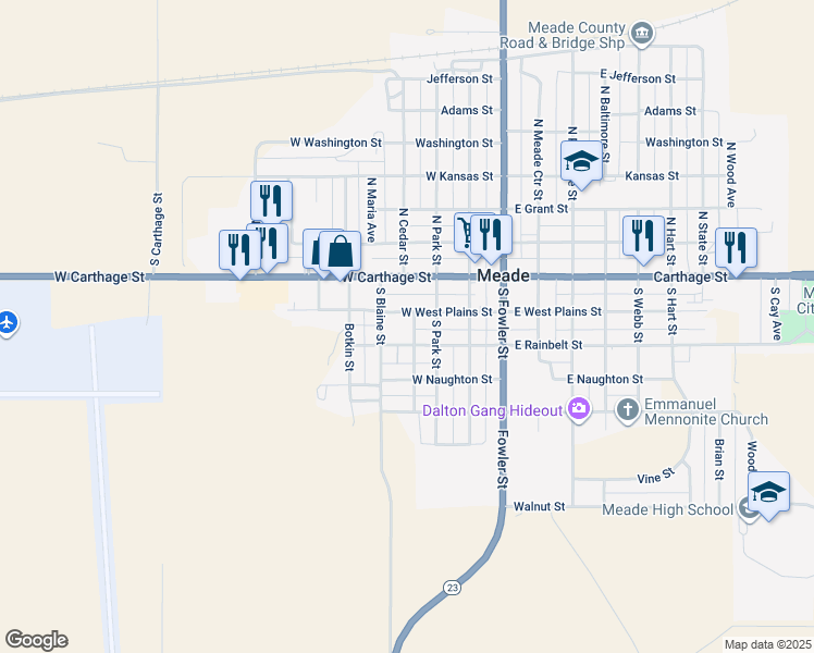 map of restaurants, bars, coffee shops, grocery stores, and more near 413 West West Plains Street in Meade