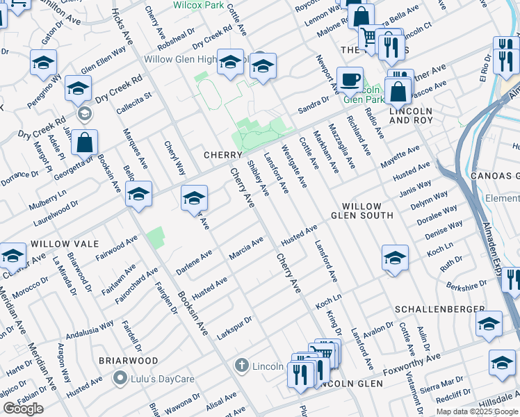 map of restaurants, bars, coffee shops, grocery stores, and more near 2334 Cherry Avenue in San Jose