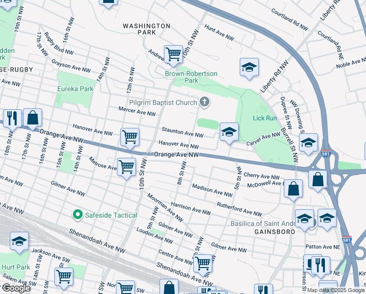 map of restaurants, bars, coffee shops, grocery stores, and more near 810 Hanover Avenue Northwest in Roanoke