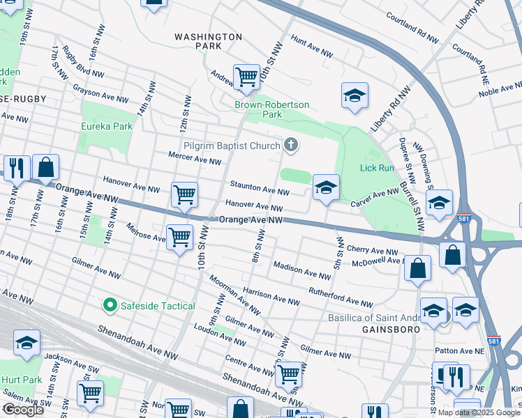 map of restaurants, bars, coffee shops, grocery stores, and more near 810 Hanover Avenue Northwest in Roanoke