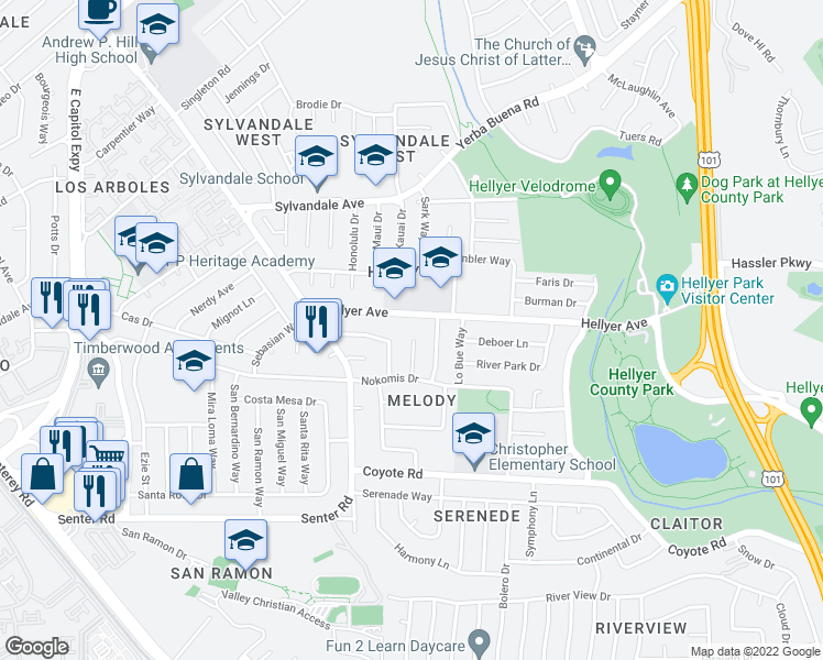 map of restaurants, bars, coffee shops, grocery stores, and more near 4101 Valleybrook Court in San Jose