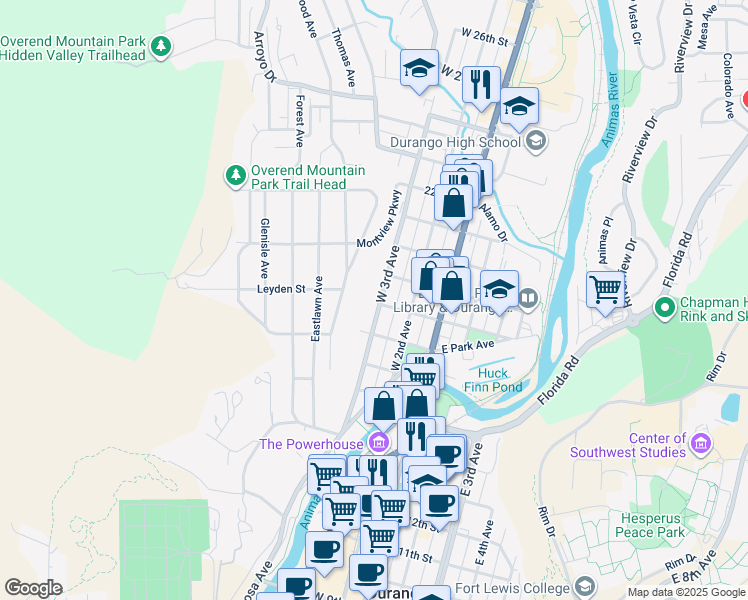 map of restaurants, bars, coffee shops, grocery stores, and more near 1803 West 3rd Avenue in Durango