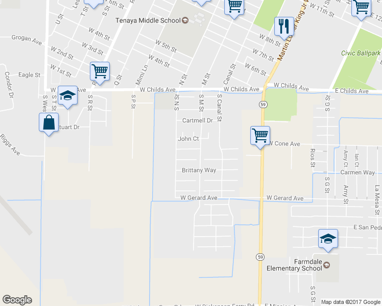 map of restaurants, bars, coffee shops, grocery stores, and more near 648 Trudy Way in Merced