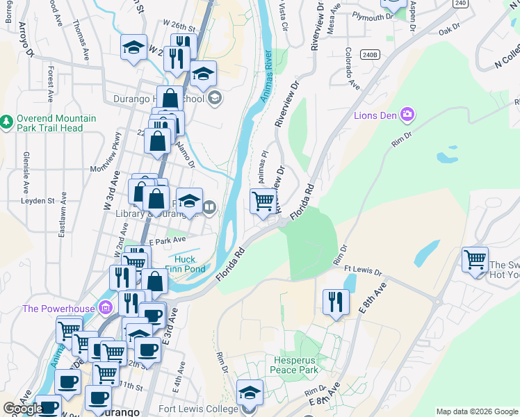 map of restaurants, bars, coffee shops, grocery stores, and more near 485 Florida Road in Durango