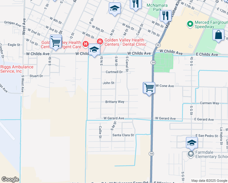 map of restaurants, bars, coffee shops, grocery stores, and more near 648 Trudy Way in Merced