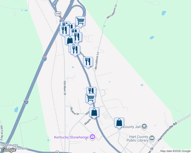 map of restaurants, bars, coffee shops, grocery stores, and more near 100 Devore Lane in Munfordville