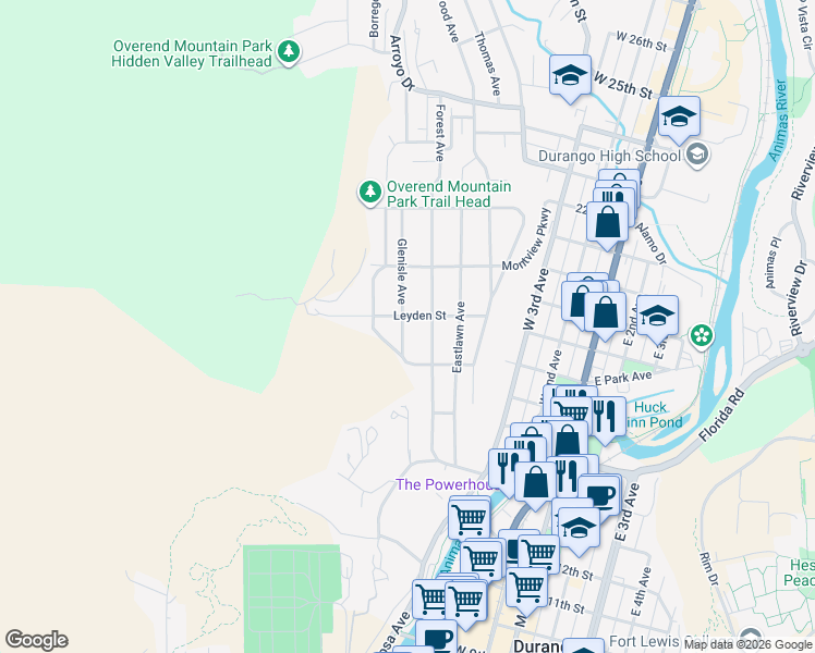 map of restaurants, bars, coffee shops, grocery stores, and more near 1828 Glenisle Avenue in Durango