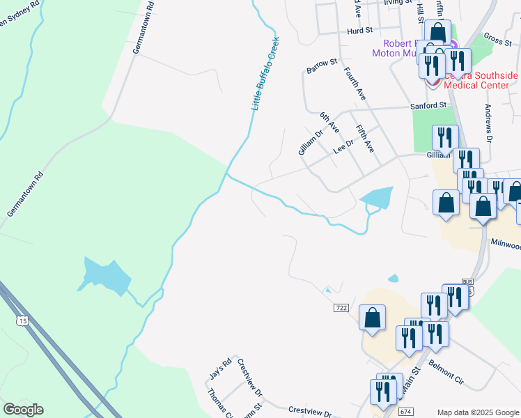 map of restaurants, bars, coffee shops, grocery stores, and more near 1711 Lee Drive in Farmville