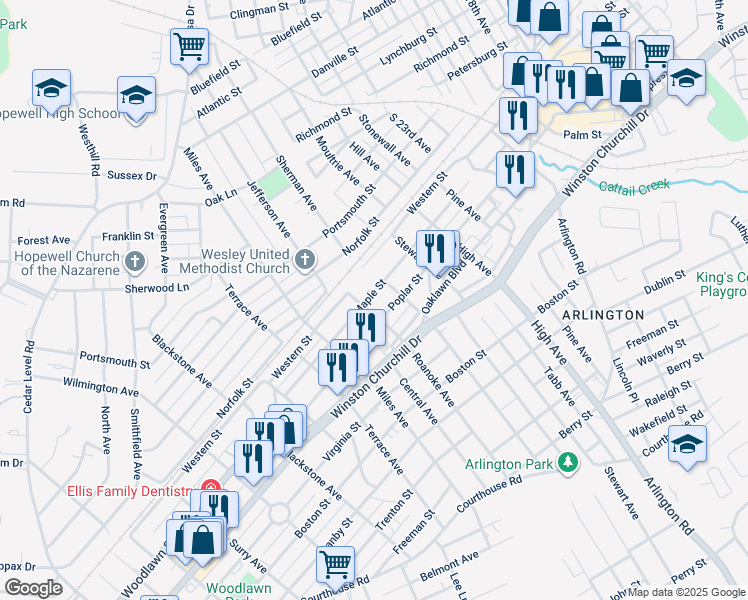 map of restaurants, bars, coffee shops, grocery stores, and more near 2808 Maple Street in Hopewell