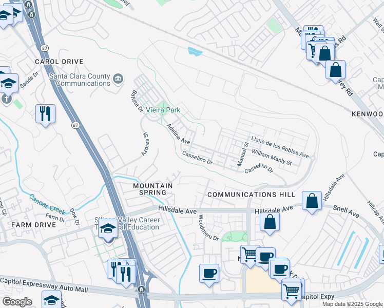 map of restaurants, bars, coffee shops, grocery stores, and more near 509 Casselino Drive in San Jose